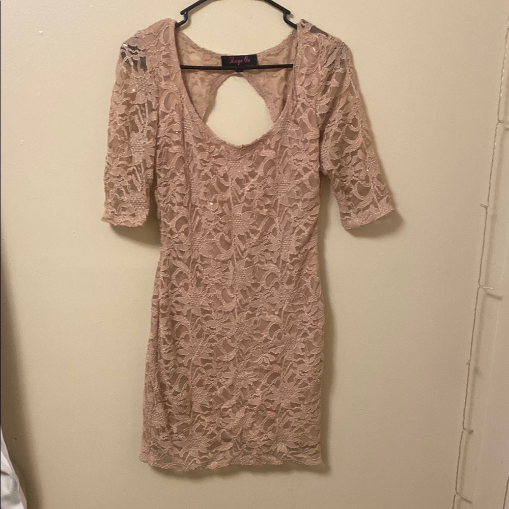 Cream Mini Sheath Dress with Short Cuffed Sleeves for Cocktail